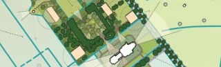 Een landkaart met park en gebouw